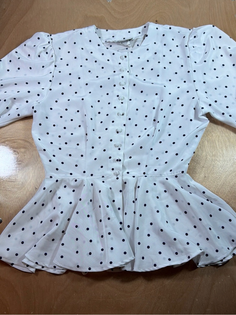 Vintage White Coquette Polka Dot Peplum Button-Up Blouse